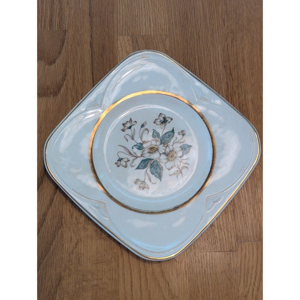 Vtg Edwin Knowles Square Salad Plate Sharon Pattern Gold Toned Rim 7" Cottage